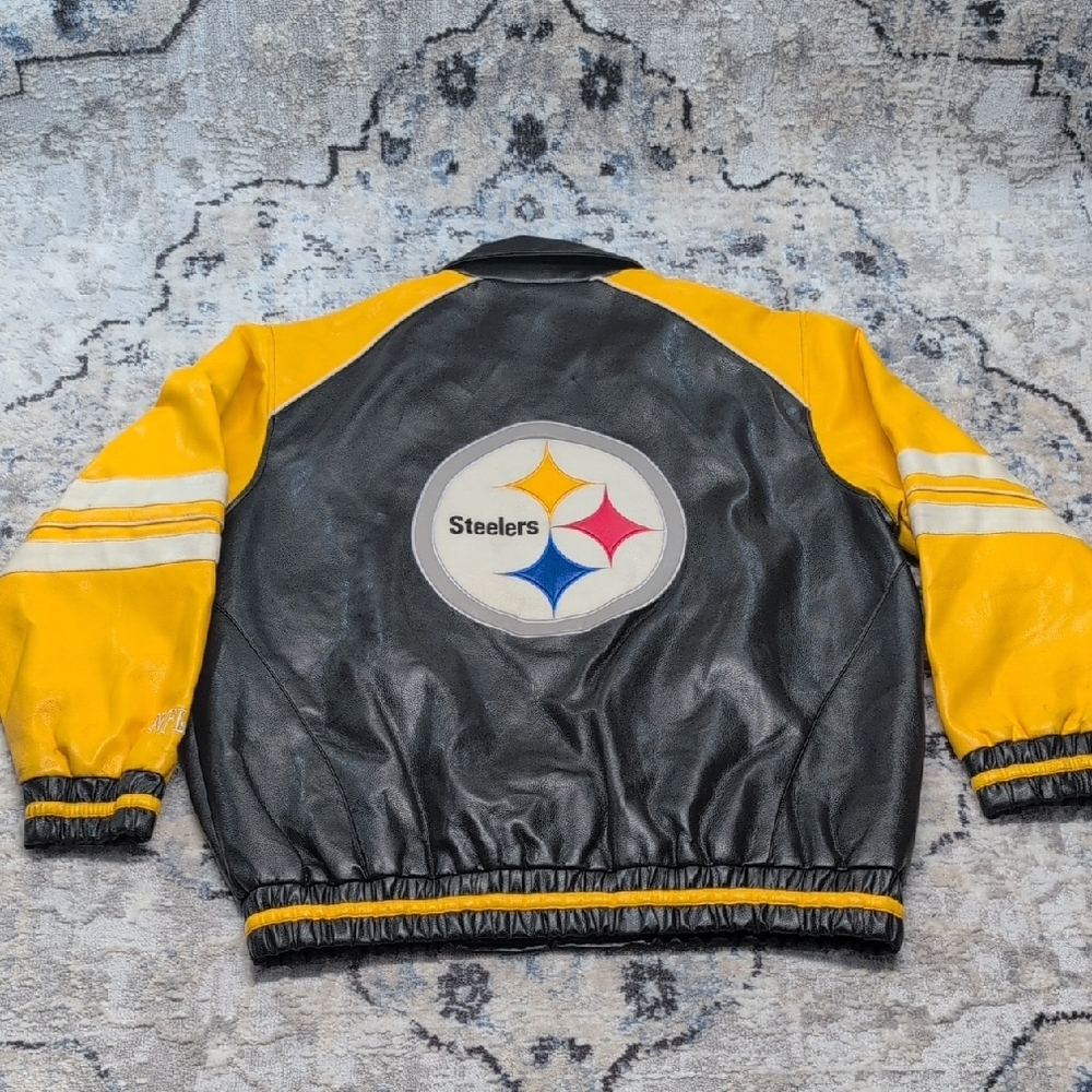 Vintage Pittsburgh Steelers NFL Jacket Faux Leather Varsity Bomber Black Yellow - Picture 8 of 9